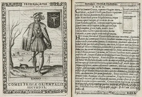 यूरोप - नीदरलैंड – Hamconius, Martin. Frisia seu de viris rebusque Frisiae illustribus libri duo। लकड़ी पर उत्कीर्ण शीर्षक-विन्येट, 1…