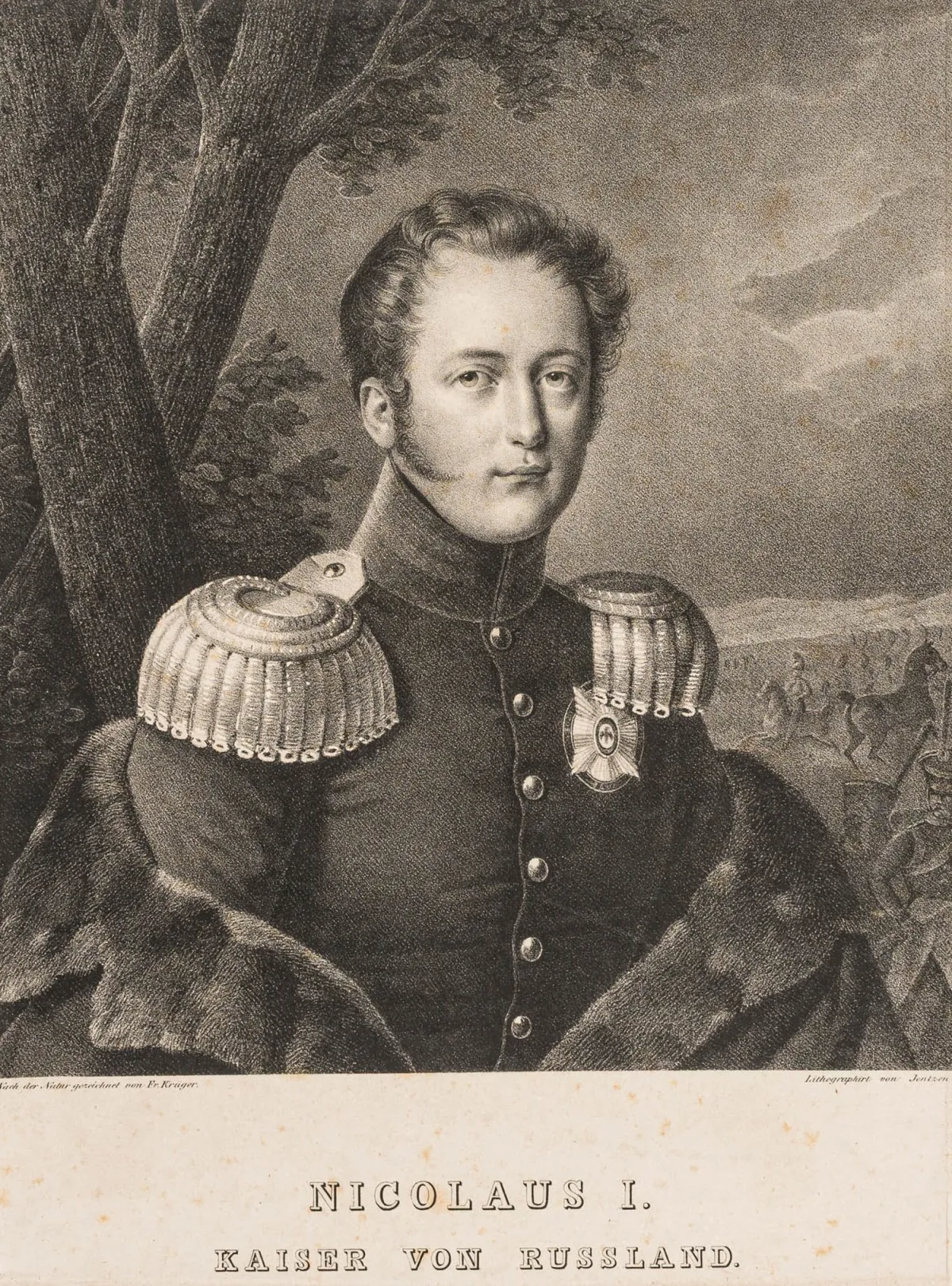 欧洲 - 俄罗斯 – Jentzen, Friedrich。俄罗斯沙皇尼古拉一世。石版画。柏林，约1825年。画面尺寸：27,5 x 24,5 cm。