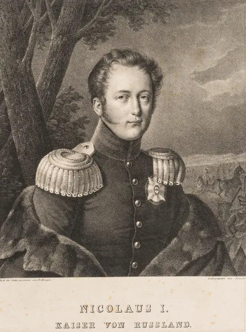Europa - Rusland – Jentzen, Friedrich. Nikolaj I, zar af Rusland. Litografi. Berlin, omkring 1825. Billedstørrelse: 27,5 x 24,5 cm.