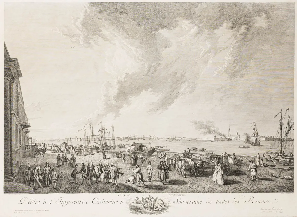 欧洲 - 俄罗斯 – Vue de St. Petersbourg. 铜版画，Jacques Philippe Le Bas 作，据 Jean Batiste Le Prince。巴黎，chez l'auteur，…