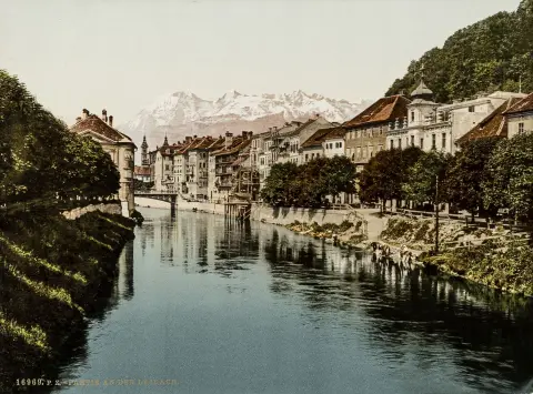 Østrig – Album med 89 indstukne fotokromtryk. Zürich, Photochrom, omkring 1900. 25 x 32 cm. Halvlæder fra samtiden (slidt og lidt