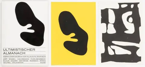 Arp, Hans – Rarisch, Klaus M. (red.). Ultimistisk almanak. Med 2 originale træsnit af Hans Arp og Raoul Hausmann. Köln, Hake,…