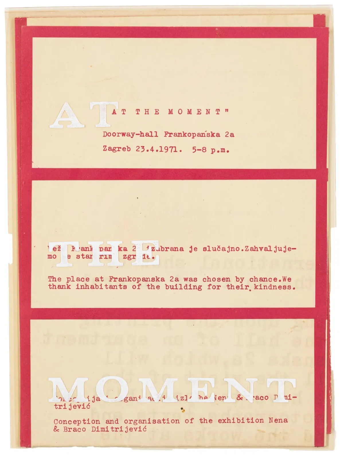 先锋派 - 东欧 – Dimitrijevic, Braco 与 Nena. At the moment. 双面印刷丝网版画海报，为1971年4月23日展览...