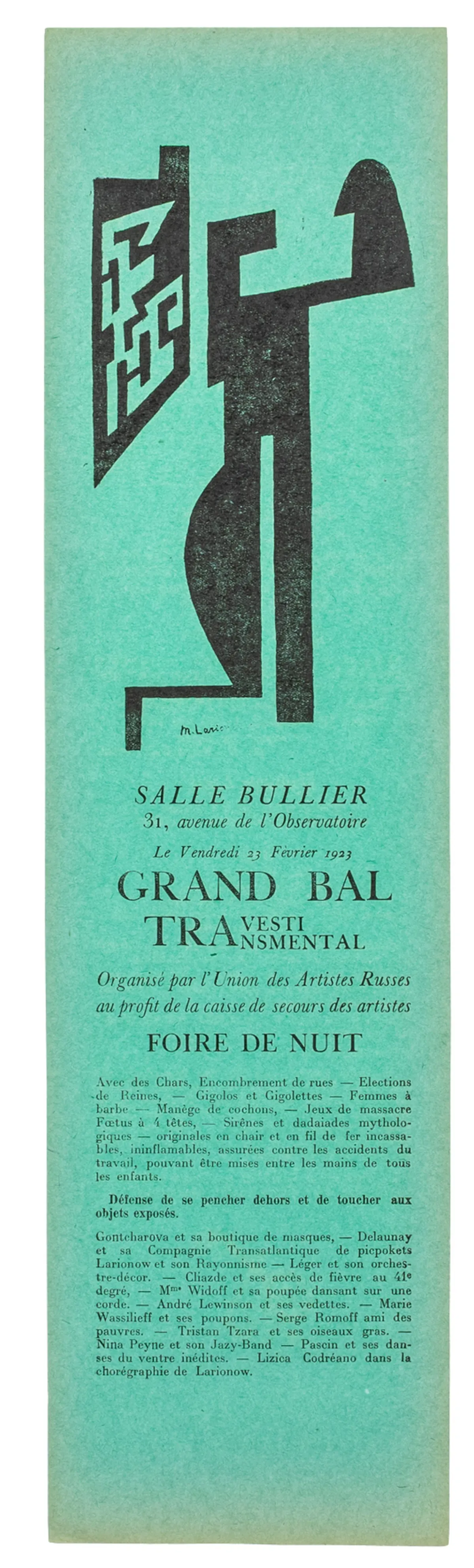 Avantgarde - Rusland – Larionov, Mihail F. Grand Bal Travesti Transmental ... 23 Fèvrièr 1923. Illustreret litografisk programplakat…