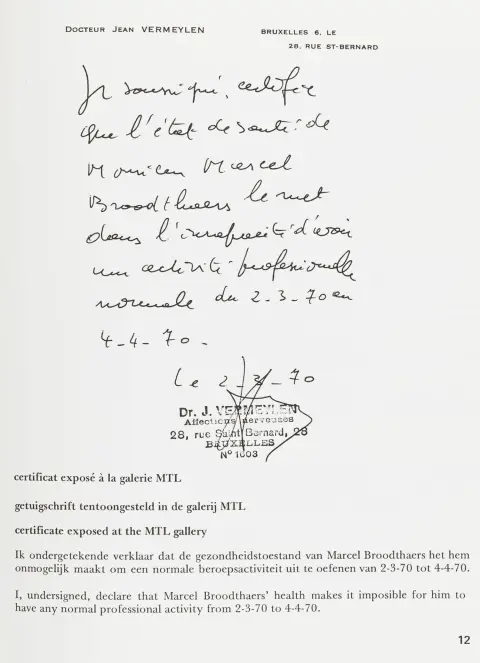 Broodthaers, Marcel – MTL. 13/3/70 - 10/4/70. Bruxelles, 1970. 14 s. 27,5 x 21,5 cm. Løst dobbeltark i originalt papiromslag (minimale foldemærker).