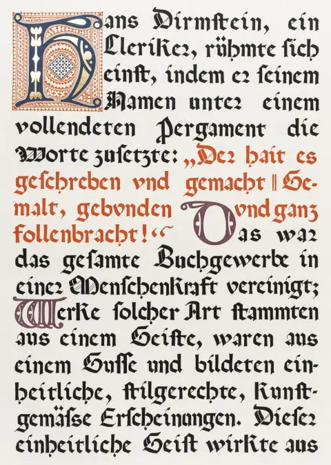 Bogvæsen – Det tyske boghåndværkshus og den tyske boghåndværksforening. Med 8 farvelagte initialer og 7 illustrationer. Leipzig, 1900. 1 hvidt bl. 13 bl. 69 x 50 cm. Original kalveskindbind med blindtryk (hjørner og kapitæler stødt, nederste kapitæl med skrabemærke og afskrabning).