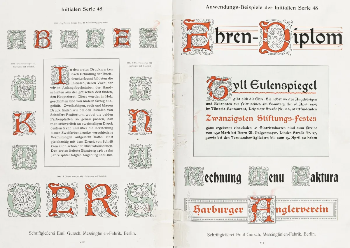 书籍业 – Emil Gursch 铸字厂,柏林。Emil Gursch 铸字厂,黄铜线厂,柏林。总样本。字体、装饰、花饰、黄铜线。柏林,约1910年。XI,488页。28,5 x 20厘米。插图原亚麻布装(边缘磨损)。第一部分(哥特体)和第二部分(罗马体等)的中间标题已移除。开头有一帖散页。