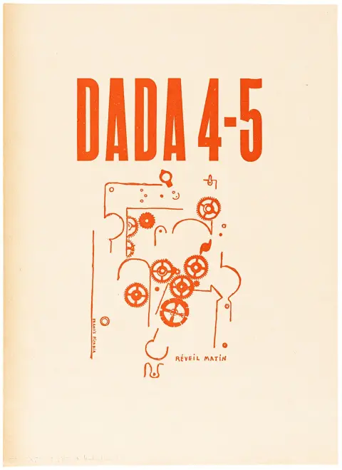 DADA – Picabia, Francis. DADA 4-5. Réveil matin. Bogtryk med kliché. Prøvetryk i rødt på tyndt papir. Signeret i trykket. Omkring 1919.