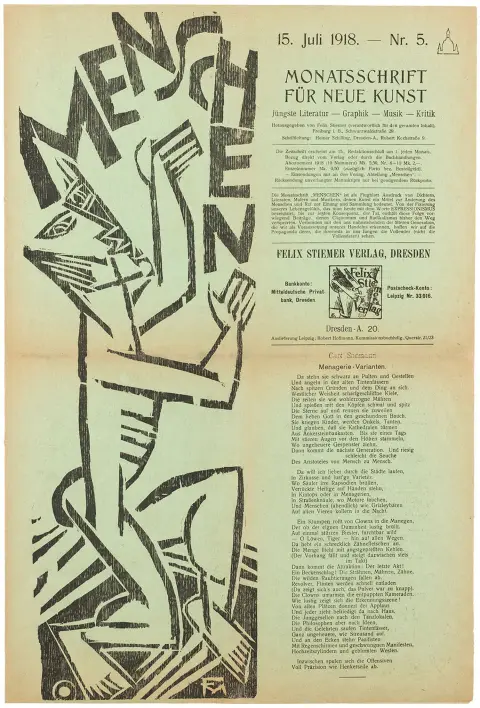 Ekspressionisme – Menschen. 15. juli 1918. Nr. 5. Månedsskrift for ny kunst. Udgivet af Felix Stiemer. Med titeltræsnit…