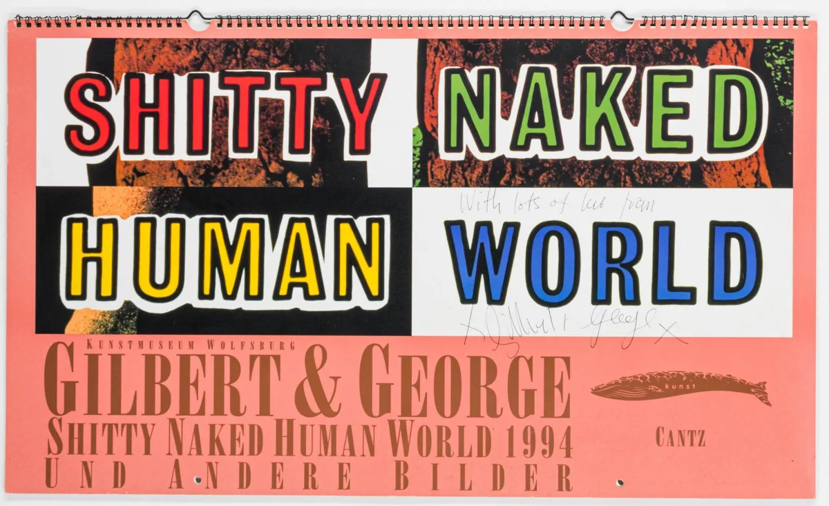 Gilbert & George – Shitty Naked Human World. Poster book with 13 fully colour-illustrated sheets. Wolfsburg, Kunstmuseum, 1994. 40 x…