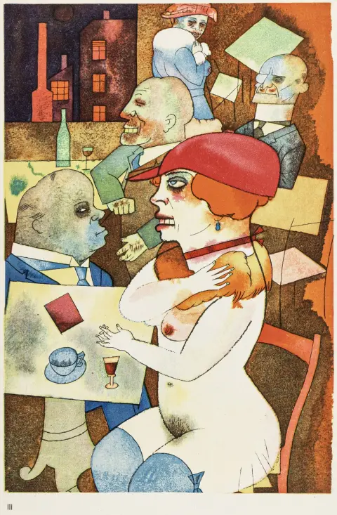Grosz, George – Ecce Homo. Mappe med 14 (i stedet for 16) farvelagte tavler. Berlin, Malik-Verlag, 1923. 2 blade, tavler. 36 x 27 cm. Illustreret originalmappe af bomuldskarton.