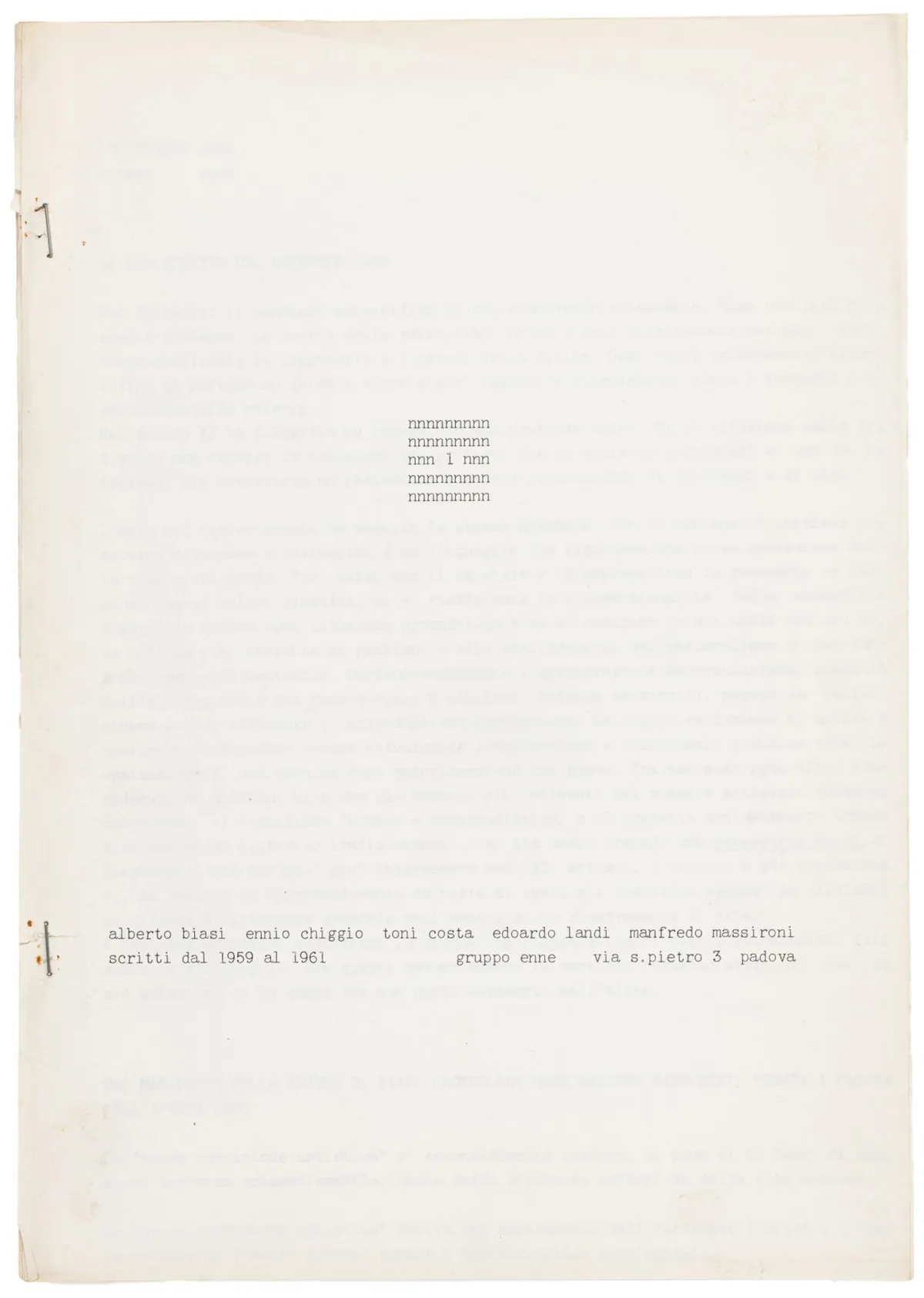 Gruppo N (enne) – 宣言1。以及：宣言2。2份打字稿。帕多瓦，1959-1961年和1962年。2页装订页（装订已更新）和9页装订页。