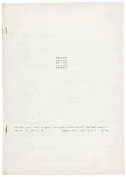 Gruppo N (enne) – Manifest 1. Og: Manifest 2. 2 maskinskrevne manuskripter. Padua, 1959-1961 og 1962. 2 hæftede blade (hæftning fornyet) og 9 hæftede blade.