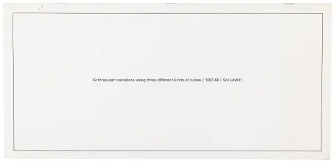 Lewitt, Sol – 49 three-part variations using three different kinds of cubes. Med 12 helsidesillustrationer efter tegninger. Zürich, Bischofberger, 1969.
