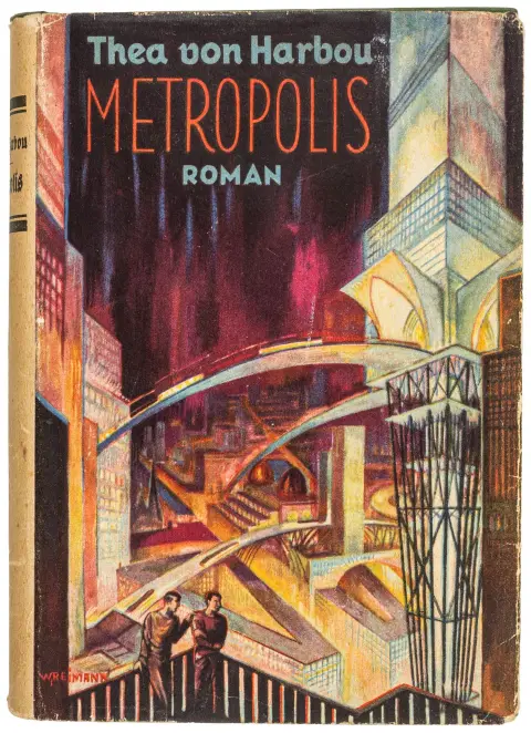 Metropolis – Harbou, Thea von. Metropolis. Roman. 17.-21. tusind. Berlin, Scherl, omkring 1927. 273 s., 3 blade annoncer. 19 x 13 cm.…