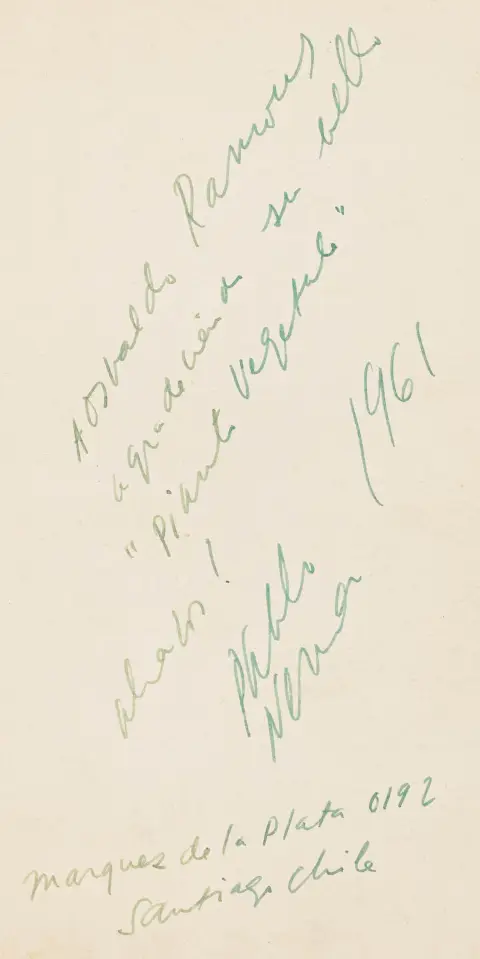 Neruda, Pablo – Navegaciones y regresos (Rejser og genkomster). Med signeret dedikation. Buenos Aires, Editorial Losada, 1959. 145 s. 23,5…