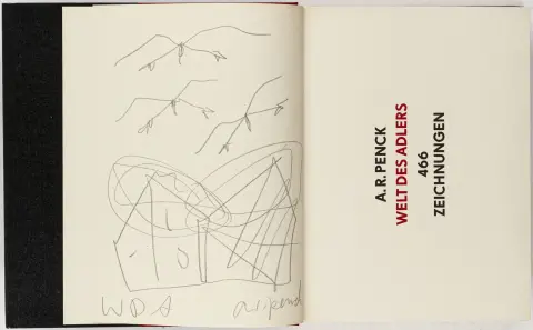 Penck, A. R – Welt des Adlers. 466 tegninger. Med en signeret originaltegning af A. R. Penck. Berlin, Rainer Verlag, 1984. 473…