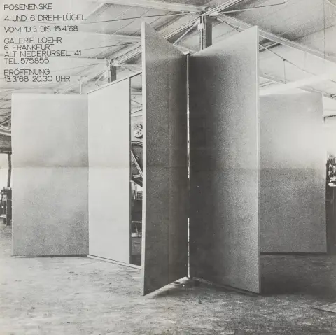 Posenenske, Charlotte – 4 și 6 aripi rotative. Poster pentru expoziția Galerie Loehr, Frankfurt, 13.3.-15.4.1968. 42 x 42 cm. Îndoit de două ori…