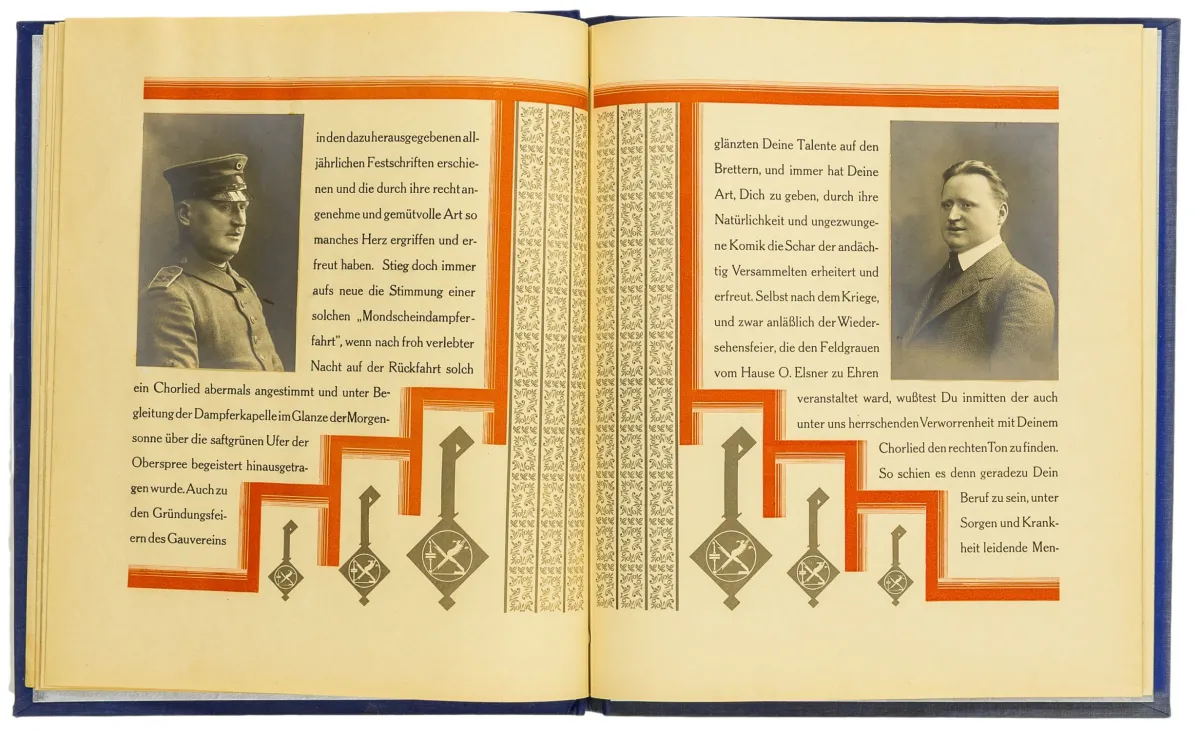 字体排印 – Elsner, Otto。由 Otto Elsner 印刷厂商业印刷部门的同事献给其同事 Emil Peschel 入职 25 周年…