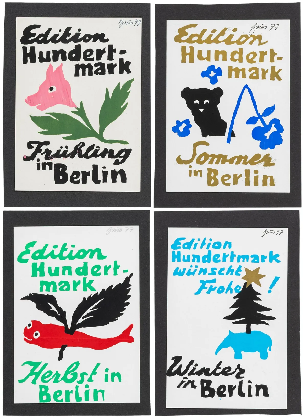 维也纳行动主义 – Brus, Günter. Frühling, Sommer, Herbst und Winter in Berlin。4张丝网印刷明信片系列。每张右上方…