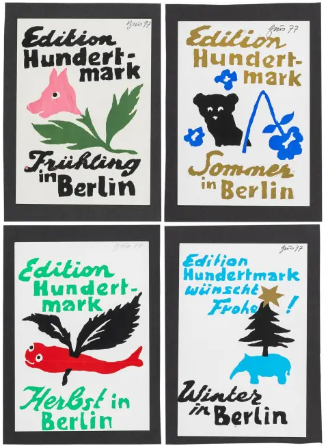 Acționism vienez – Brus, Günter. Primăvara, vara, toamna și iarna la Berlin. Serie de 4 cărți poștale serigrafiate.