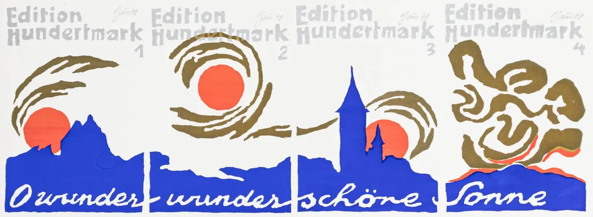 维也纳行动主义 – Brus, Günter. O wunder wunderschöne Sonne. 未裁切整张，含4幅彩色丝网印刷，平铺。