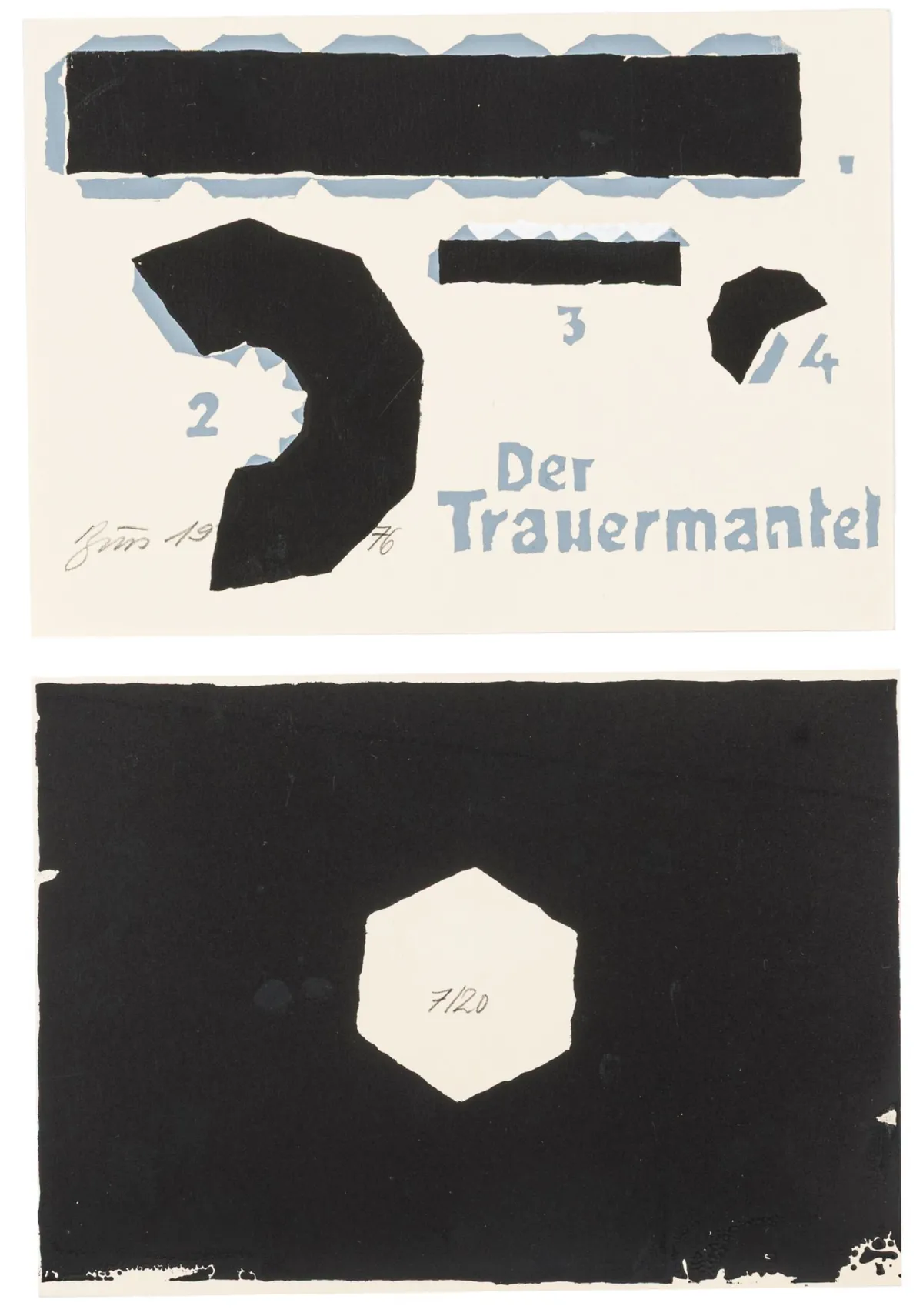 维也纳行动主义 – Brus, Günter。《Der Trauermantel》。两张薄卡纸上的石版画。一张签名并注明日期，另一张编号。