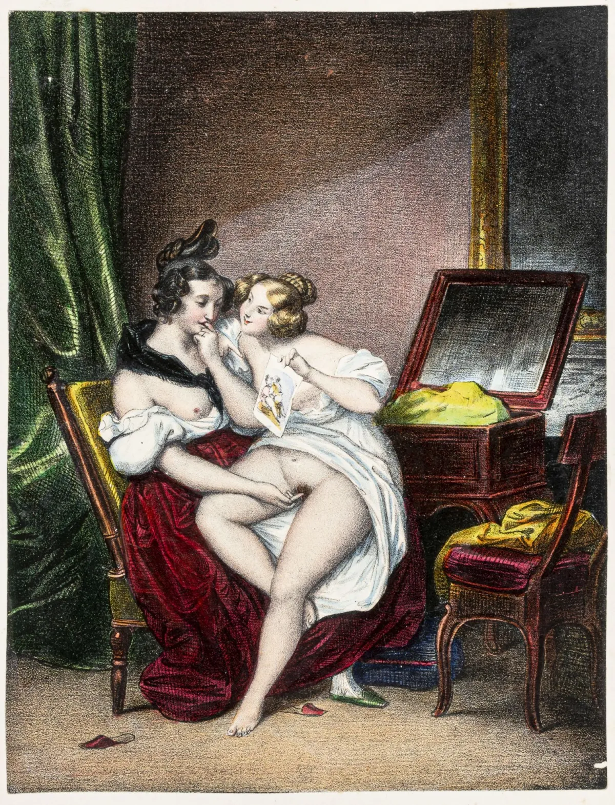 Deveria, Achille – 3幅石版画收藏（1幅上色），每幅均装裱于纸板上。约1840/50年。图像尺寸：25,5 x 19,5厘米和29,5 x 23厘米（2幅）。