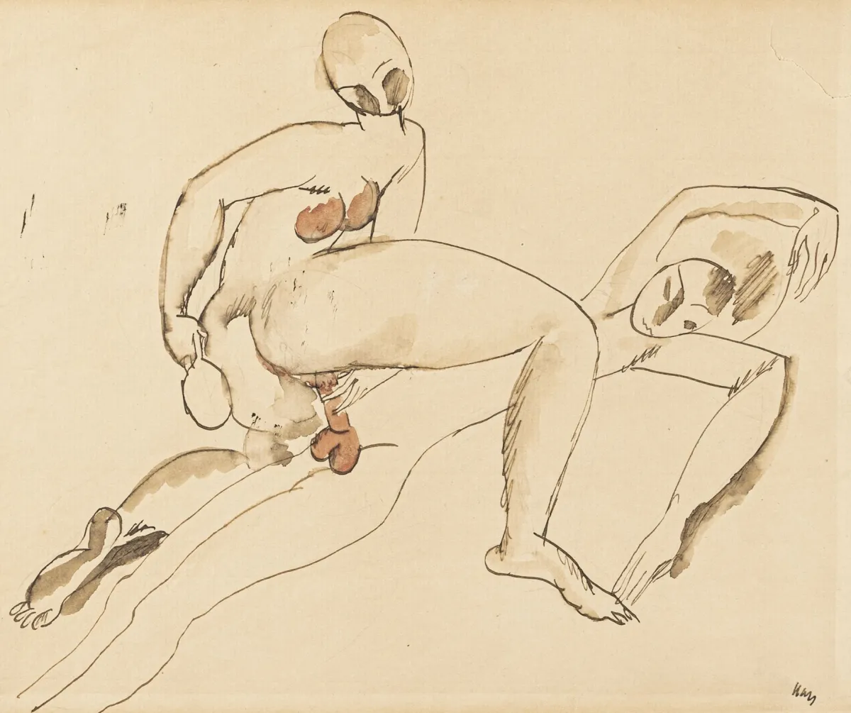 Kars, Georges – 恋人。薄棕色纸上水彩原钢笔素描。签名。约1930年。画幅尺寸：21 x 26,5厘米。