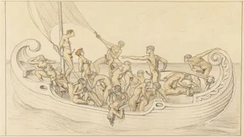 Odysseus ja seireenit – Grafiitti ja värikynät tukevalle veliinille. Noin 1900. Aiheen mitat: 18 x 31 cm. Lehden mitat: 25 x 35 cm. Tämän...