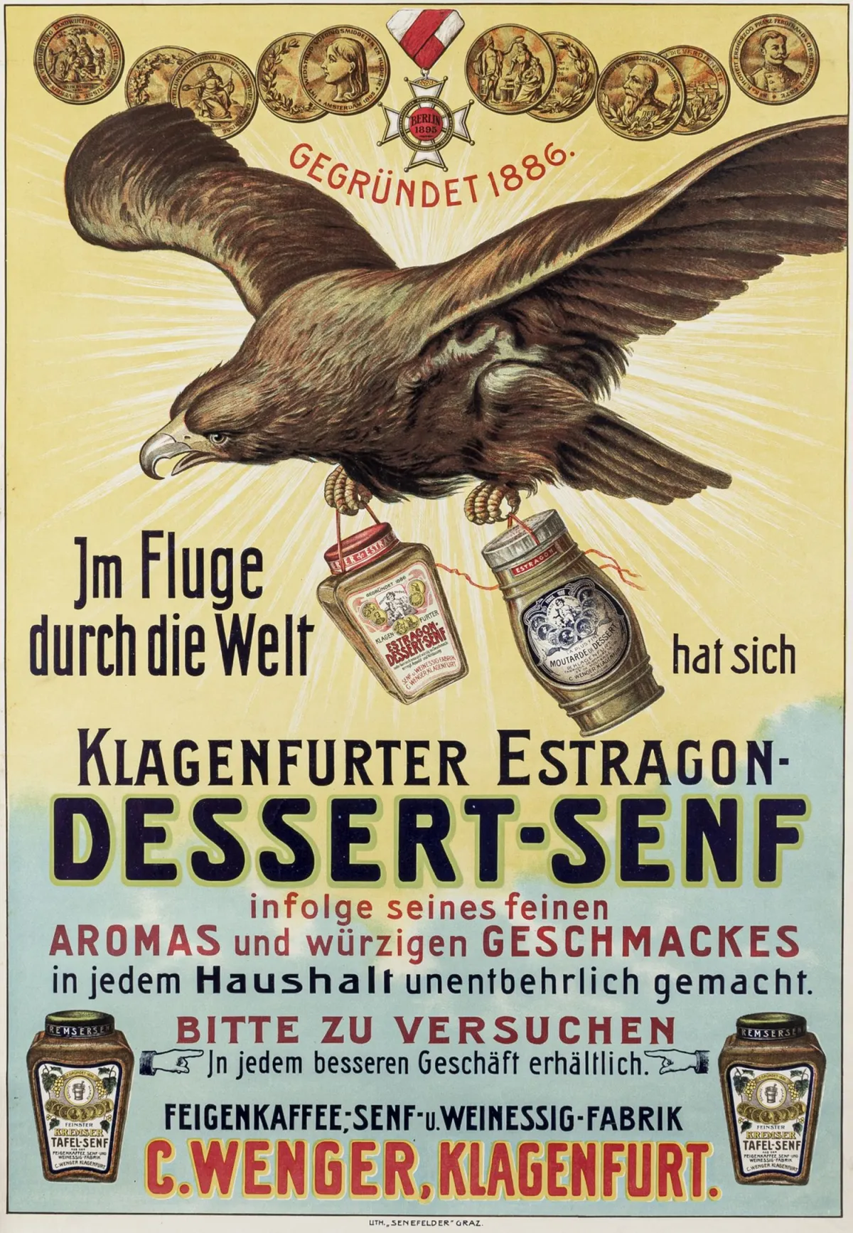 海报 – Klagenfurter Estragon-Dessert-Senf。纸上彩色石版海报。
