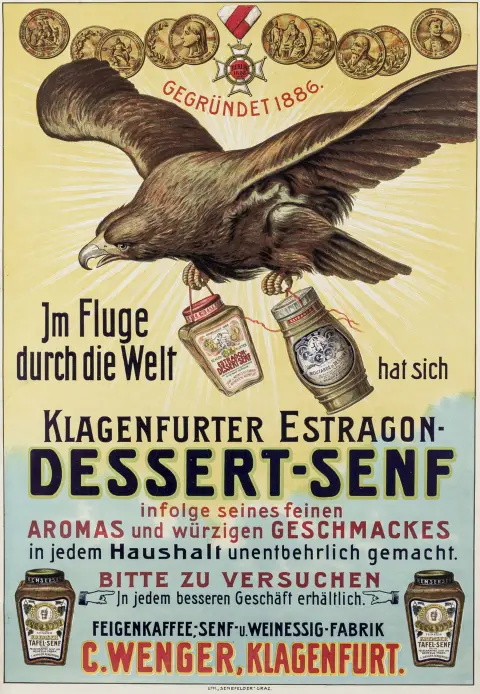 Julisteet – Klagenfurter Estragon-Dessert-Senf. Värilitografinen juliste paperille.