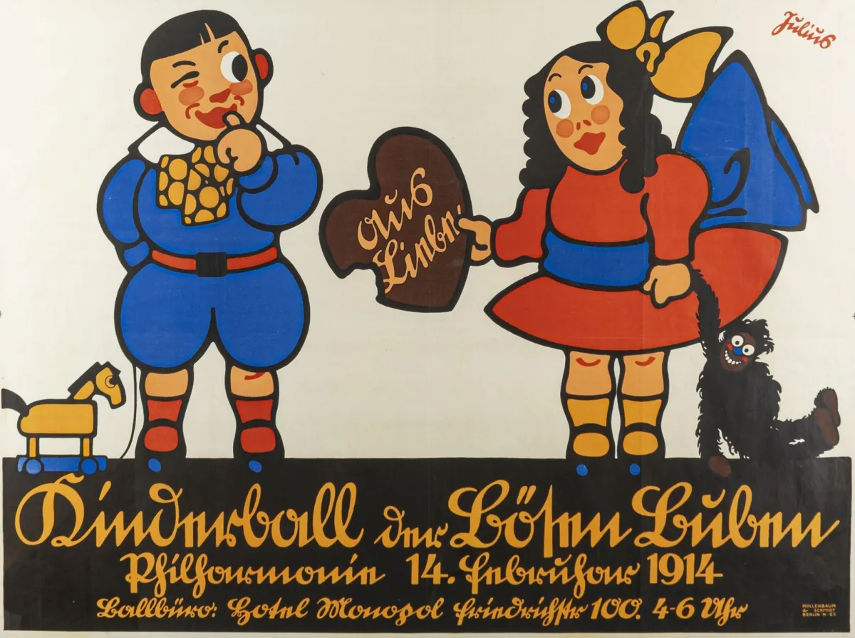 海报 – Klinger, Julius。坏男孩儿童舞会。纸上彩色石版海报。柏林，Hollerbaum und Schmidt，1914年。
