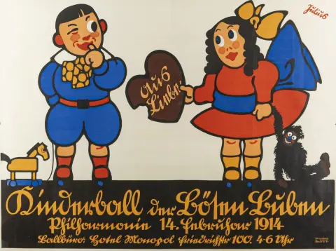 Julisteet – Klinger, Julius. Kinderball der Bösen Buben. Värilitografinen juliste paperille.
