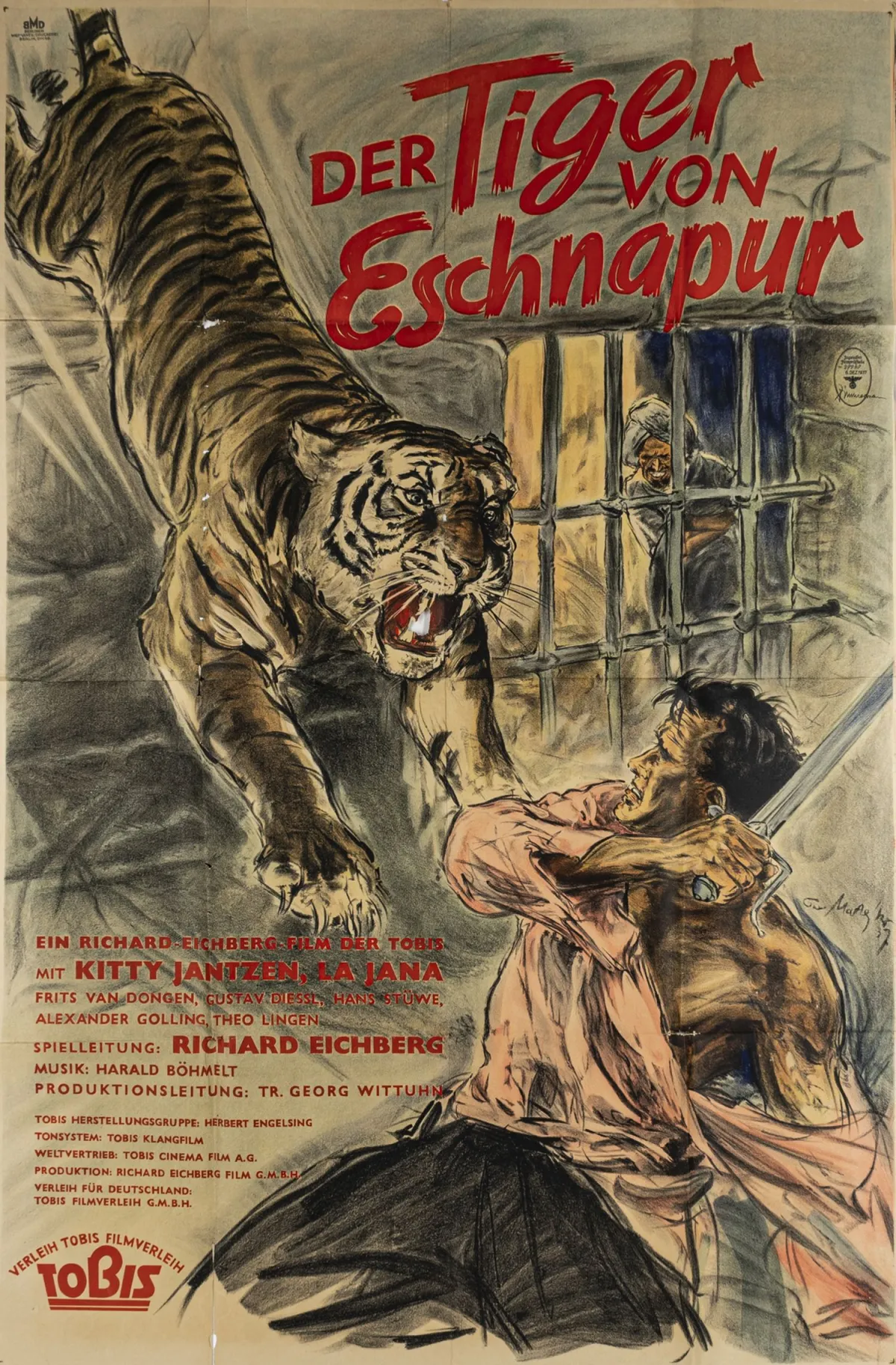 海报 – Matejko, Theo。Der Tiger von Eschnapur。彩色海报。胶印。(1938)。