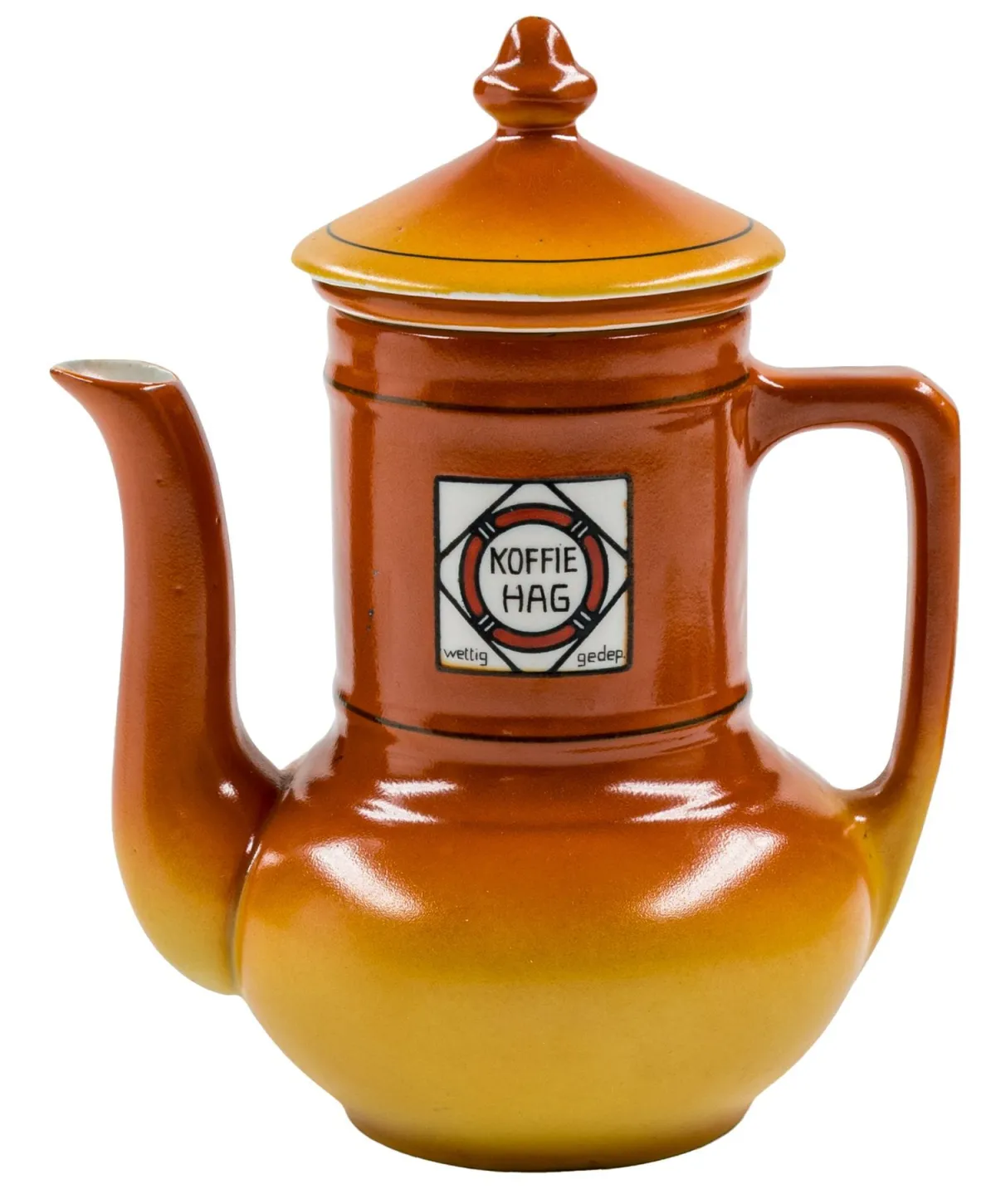 广告 – Kaffee HAG 荷兰分份咖啡壶，带可拆卸滤网。棕色渐变釉。荷兰，Sphinx，约1930年。