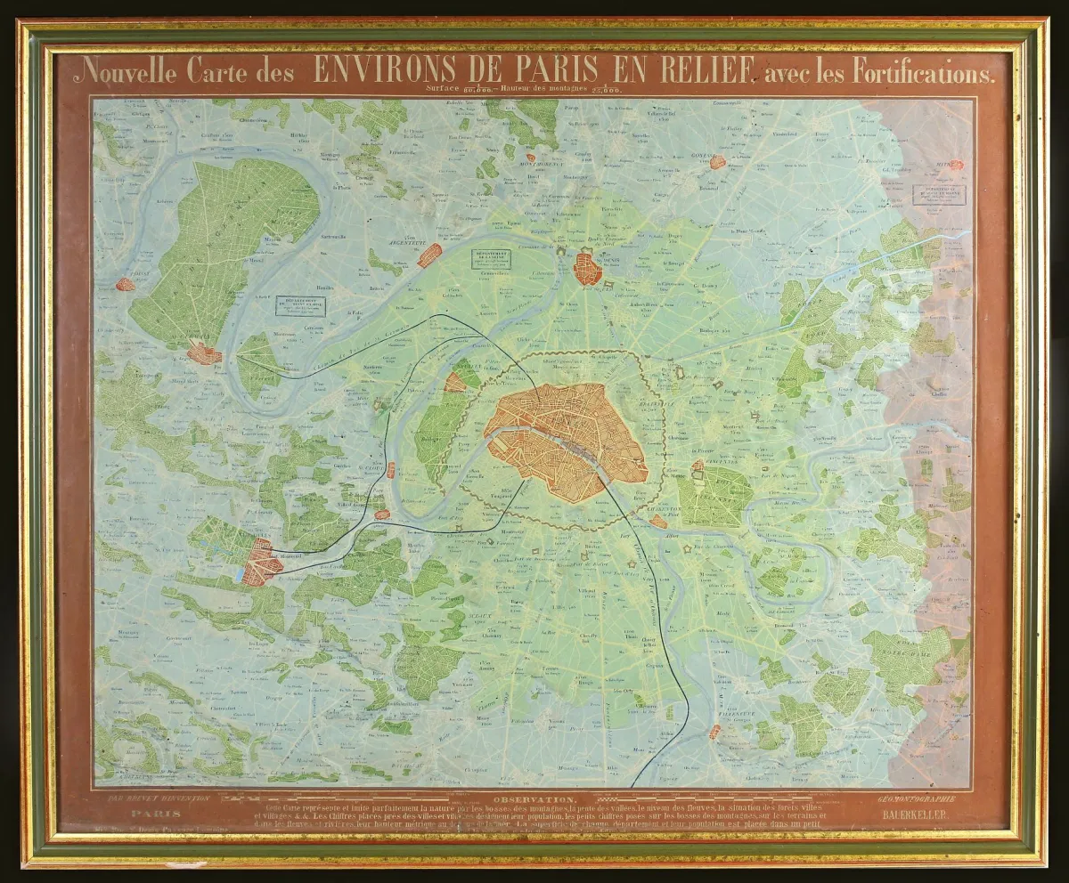Reliéfní mapa Paříže od Bauerkellera, kolem 1850