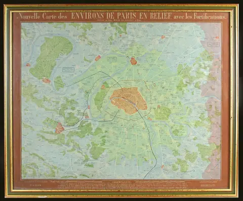 ग्लोब और खगोल विज्ञान – Bauerkeller का पेरिस उभरा हुआ नक्शा। पेरिस, लगभग 1850, अंकित "Nouvelle Carte des Environs de Paris en relief,…