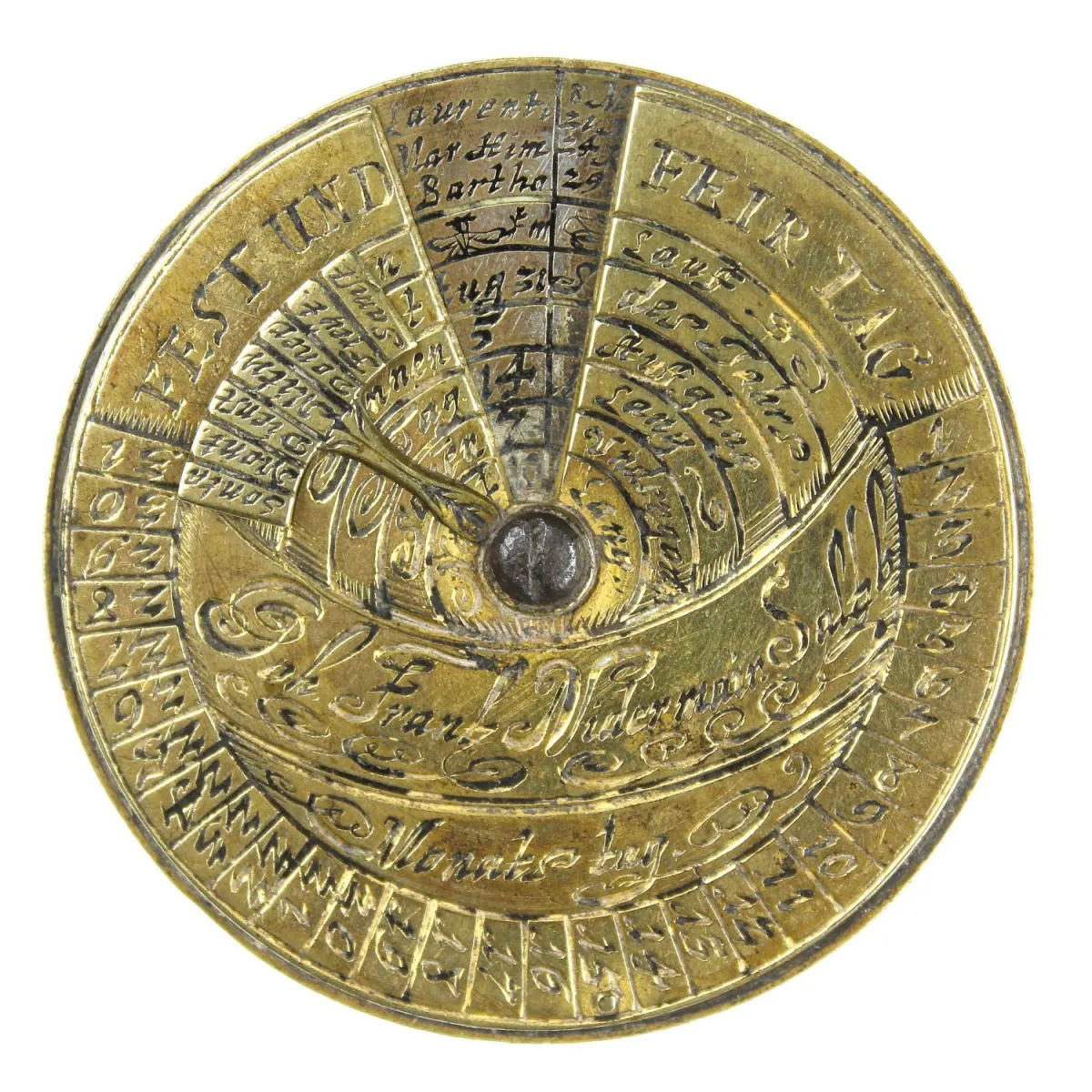 测量、几何与技术 – 万年历。萨尔茨堡，约1666年，署名 "Joh. Frantz Nidermair Salzb"，标注月份、节日和…