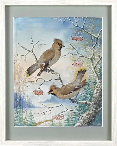 Flora ja fauna – Dioraama tilhihypillä. Saksa 1926, takana signeerattu ja päivätty "H. Wolf Freiwaldau 1926", kaksi lintua…