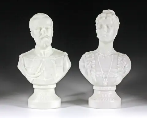 Reklame – Par af sukkertøjsglas fra zar Nikolaj II af Rusland og zarina Aleksandra Fjodorovna. Paris, omkring 1900, sokkel med inskription "Le…