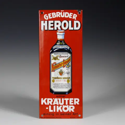 Reklame – Emaljeskilt med urtelikør Gebrüder Herold. Tyskland, omkring 1920, dørskilt, ca. 25 x 10 cm