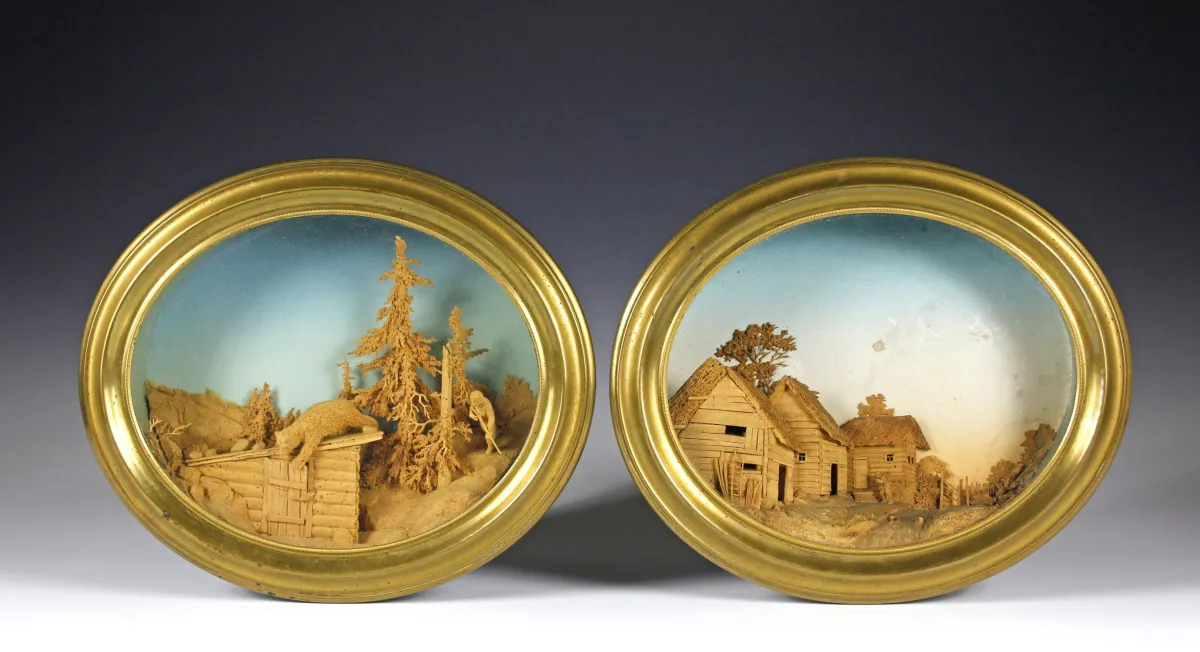 Curiosités – Paire de dioramas russes en liège sculpté, Sibérie/Russie, vers 1870