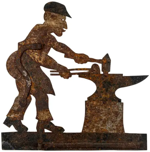 विचित्र वस्तुएँ – पवनदिशा-सूचक American Folkart। उत्तरी अमेरिका, 20वीं सदी की शुरुआत, रंगा हुआ टिन, आधार पर लगा हुआ। आधार सहित ऊँचाई: लगभग 75.5 सेमी