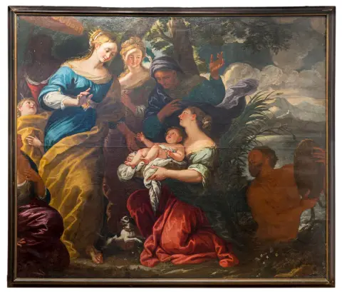 Il ritrovamento del piccolo Mosè – Olio su tela (rintelato). Probabilmente Venezia, primo terzo del XVIII secolo. Telaio: 185 x 212 cm.…
