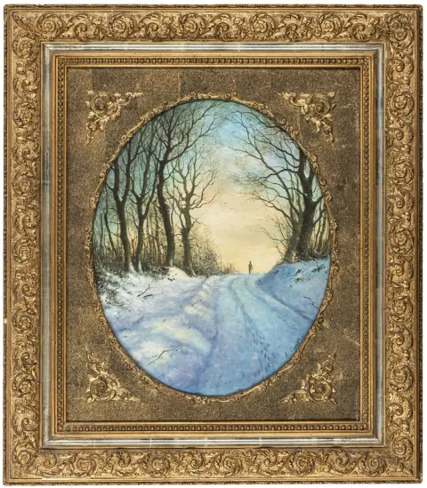 Cognet, A – Senza titolo. (Passeggiatori nella neve). Olio su legno. Firmato parzialmente illeggibile in basso a destra. Probabilmente fine del XIX secolo