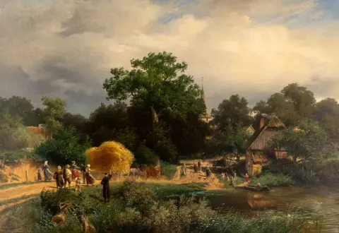 Deiters, Heinrich – Prima del temporale. Olio su tela. Firmato e con indicazione del luogo in basso a sinistra "HDeiters Df." Dimensioni telaio: 96 x 140 cm.