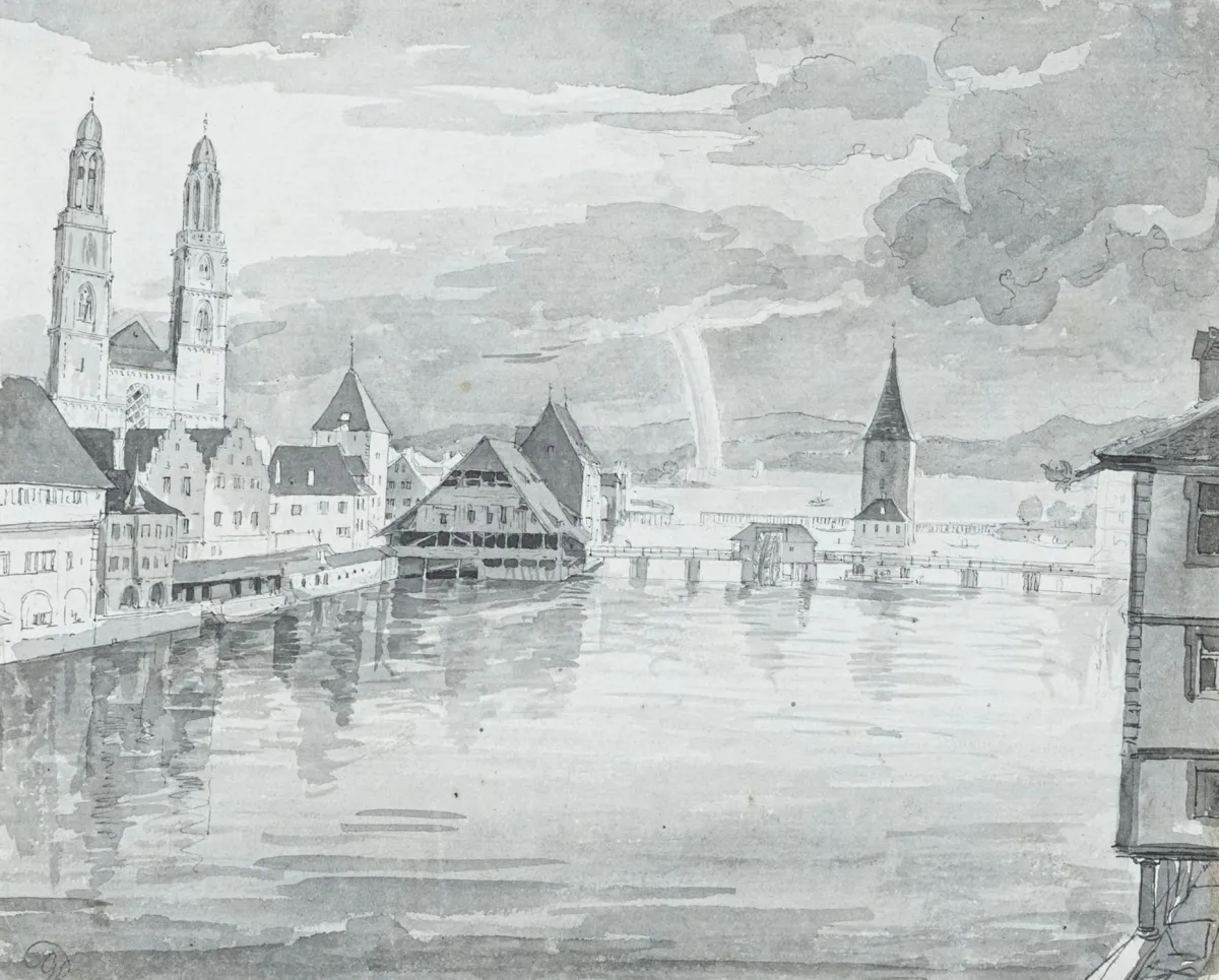 Dillis, Johann Georg von (attributed) – Zurich. Washed ink drawing over pen on laid paper with large watermark (cut in the center
