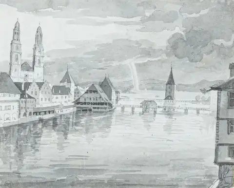 Dillis, Johann Georg von (attribuito) – Zurigo. Disegno a inchiostro acquerellato su penna su carta vergata con grande filigrana (tagliata al centro).