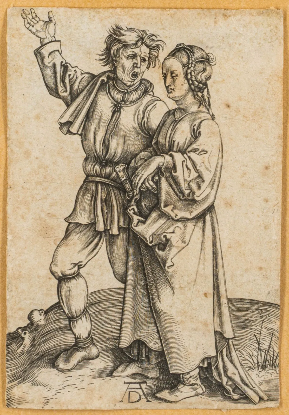 Dürer, Albrecht – 年轻农民和他的妻子。铜版画,绘于直纹纸。约1497/98年。背面有Hans von und zu…的收藏家印章